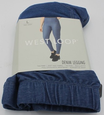Denim Legging West Loop Women L Blue Med Wash Knit Mid-Rise Tag-Free Elastic NEW