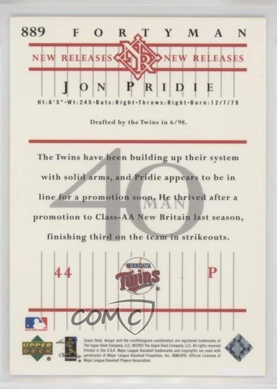 2003 Upper Deck 40 Man New Releases Jon Pridie #889 Rookie RC - Image 2 of 2