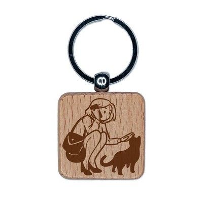 Lifestyle Doodle Business Woman Phone Engraved Wood Square Keychain Tag Charm