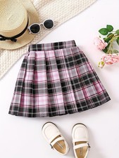 Elegant Plaid Pleated Preppy Style Non-Stretch Polyester Skirt for Girls 11-12 Y