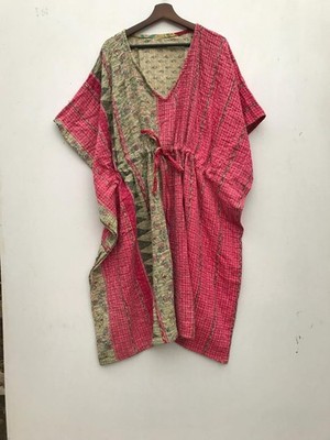 Indisches Vintage 5-teiliges langes Maxi-Kaftan-Kleid aus Baumwolle Kantha Ei...