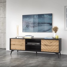 TV Lowboard Diamond 154cm Schwarz Eiche Fischgrät Push-to-Open Skandi Design