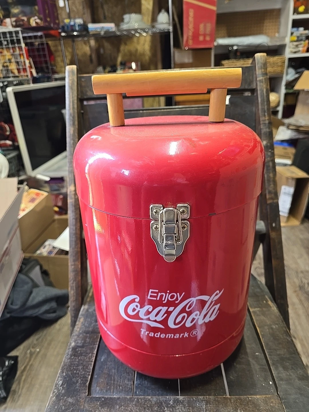 Enjoy Coca Cola Metal Cooler Red Round Canister Styrofoam Picnic Camp Beach