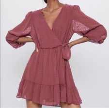 Zara Swiss Mesh Dot Mini Dress Jumpsuit w Balloon Sleeves Long Sleeved Mauve