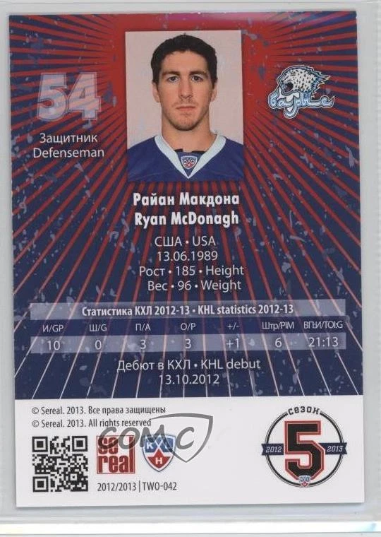 2012 Sereal KHL All-Star Collection Two Worlds One Game Ryan McDonagh #TWO-042 - Image 2 of 2