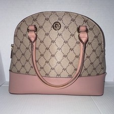 Anne Klein Beige Pink Satchel Top Handle Bag Logo Pattern Gold Hardware