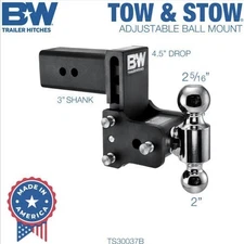 B&W Trailer Hitches Tow & Stow Adjustable Ball Mount - Fits 3" Receiver TS30037B