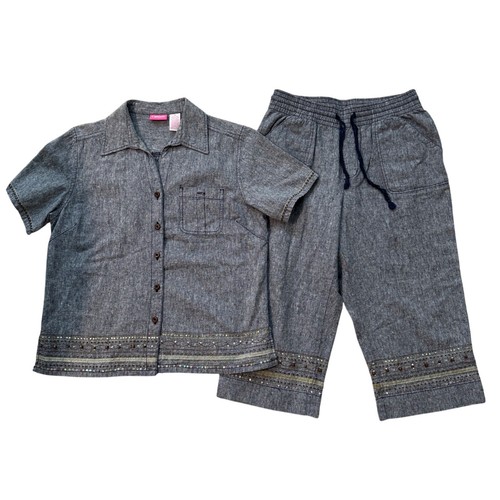 Coppagallo Leinenmischung Outfit Set verzierte Details Caprihose Medium Bluse grau - Bild 1 von 16