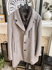 GIMO'S men's taupe wool car coat w/removable insert & fur collar EU 60 US XXL