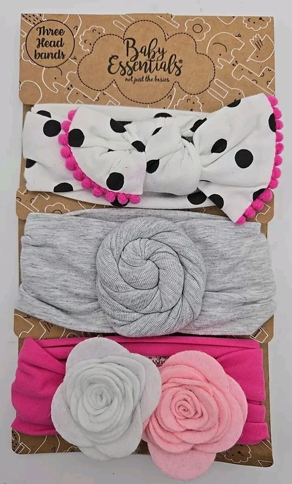 Baby Essentials 3 Pack Headbands 0-24 Months Infant Stretch Knotted Pink Gray - Image 4 of 4
