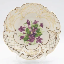 Lipper & Mann Hand Painted Violets Scalloped Edge Shallow Bowl Made in Japan