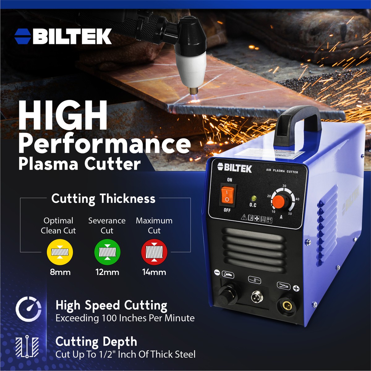 Biltek 50Amp Dual Voltage Plasma Cutter - 110V/220V, Cuts Up To 1/2 Inch Steel, Includes Torch & Consumables