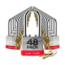 Lion Locks 48 Keyed-Alike Padlocks w/ 2” Long Shackle, 96 Keys, Hardened S