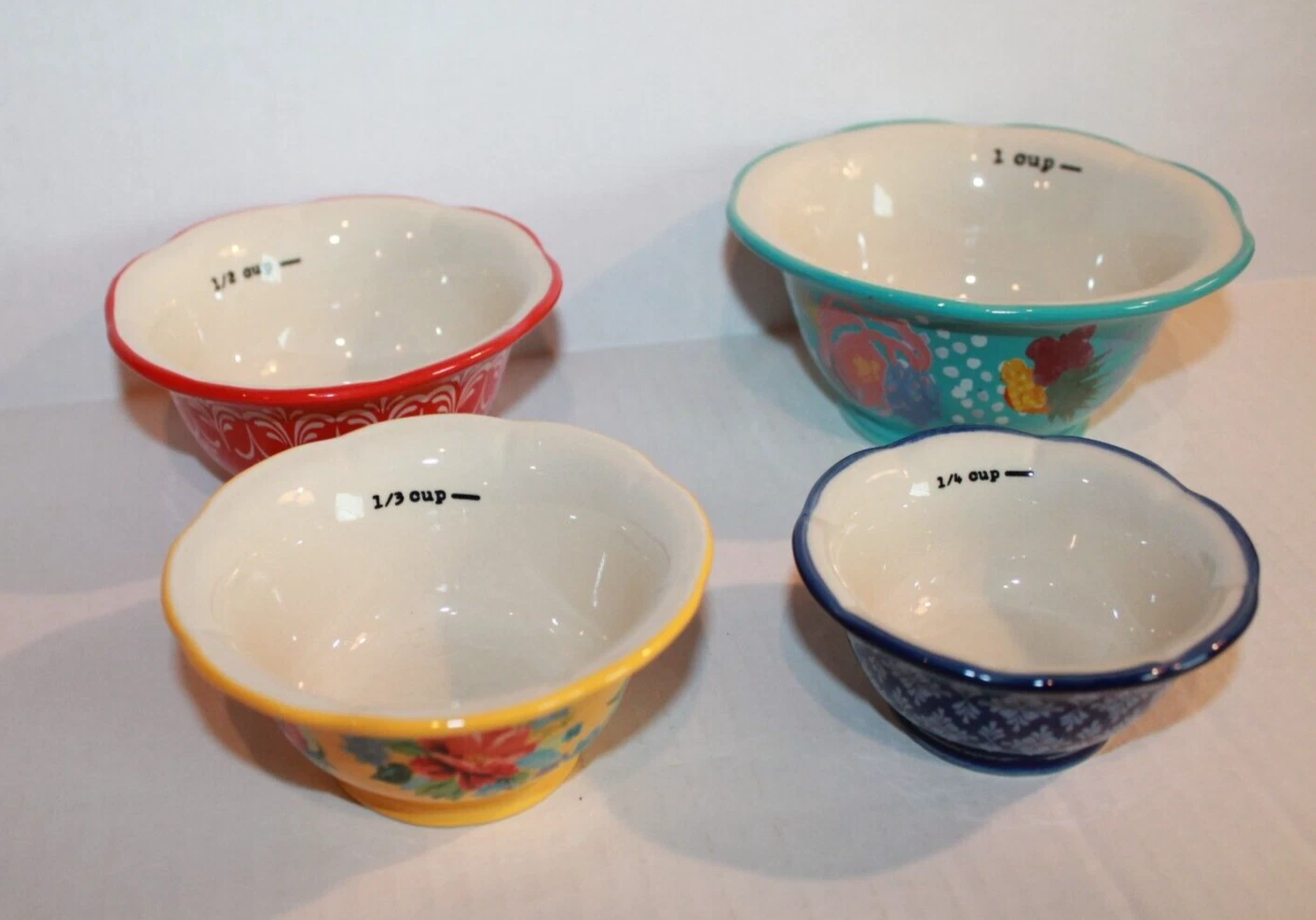 Pioneer Woman Set of 4 Floral Multi-Color Ceramic Measuring Cups / Bowls