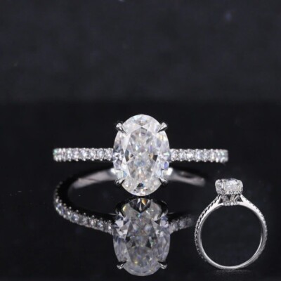 2.70 CTW Oval Cut Moissanite Hidden Halo Engagement Ring 14K White Gold Plated