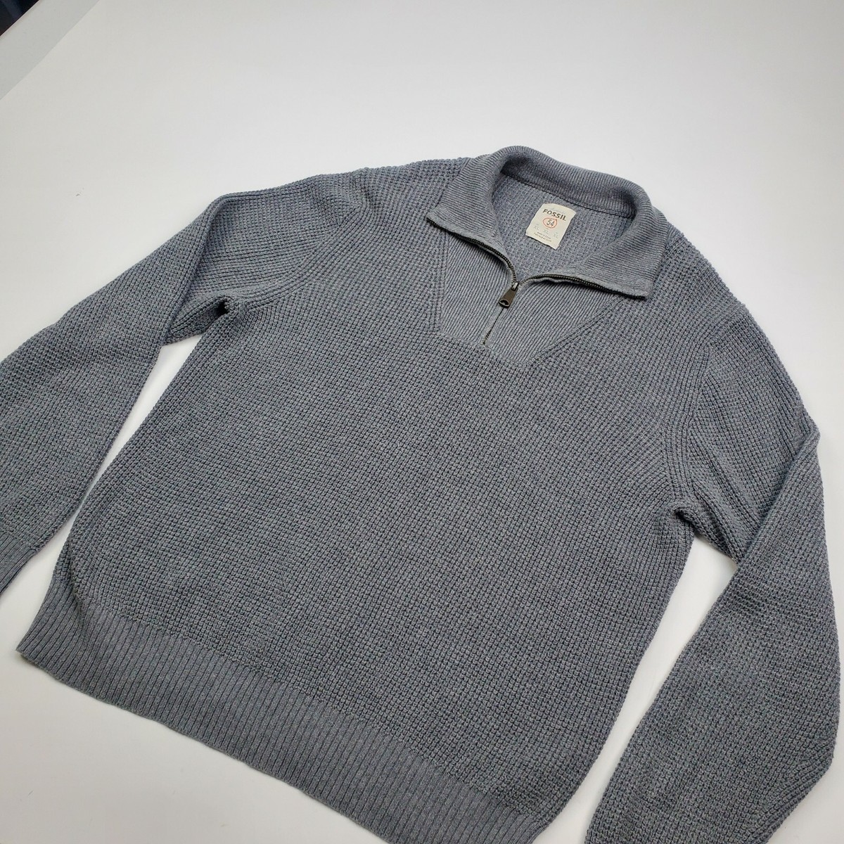 Men's Gray Fossil 54 Knit 1/4 Zip Pullover Sweater size XL- Cotton Wool Blend View 4