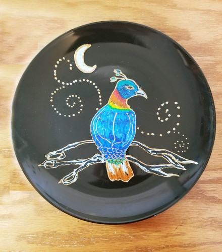 One of a Kind Hand Painted Colorful Bird Artwork on 10.5" Black Dinner Plate - Picture 3 of 7