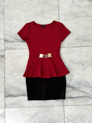 90s VTG B Famous Peplum Dress Belted Red Black V Neck Womens M Office Retro  USA | eBay