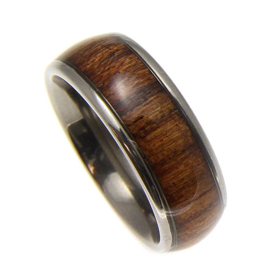 ANILLO BANDA MADERA KOA HAWAIANO CON INCRUSTACIÓN GENUINA TITANIO AJUSTE CÓMODO ESTILO CÚPULA 8 MM Foto 2 de 4