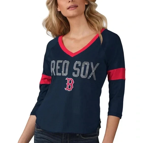 Boston Red Sox by Alyssa Milano Women's 3/4-Sleeve V-Neck Shirt, Size Small - Image 3 of 4