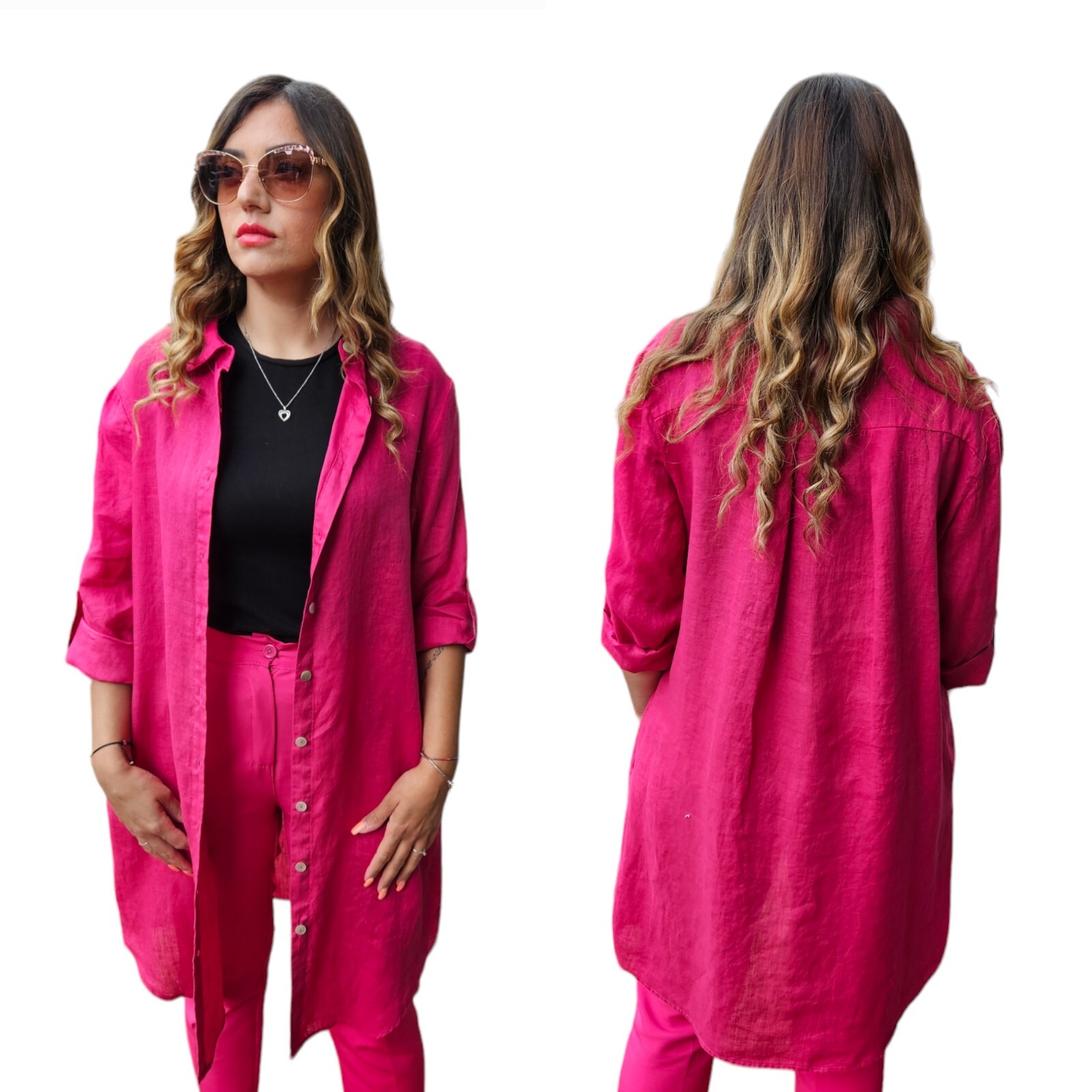 Cárdigan o vestido largo 100% puro de lino para mujer Fucsia talla M Zelino