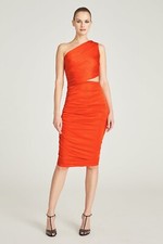 Halston Cassidy Jersey Ruched Cocktail Dress Orange One Shoulder Cut Out Size 6
