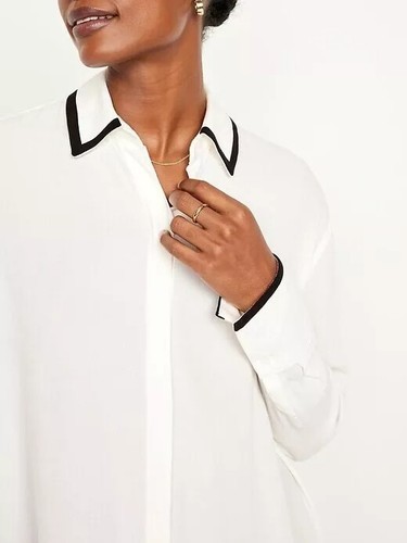 NEW OLD NAVY Womens Loose Boyfriend Crepe Blouse Shirt Top Sea White w/Trim M L