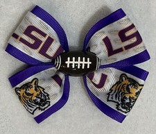 Hair Bow 4" Wide Purple LSU Tiger Football Barrette, Clip or Ponytail