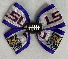 Hair Bow 4" Wide Purple LSU Tiger Football Barrette, Clip or Ponytail