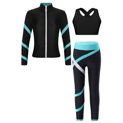 Kids Girls Tracksuit Zipper Jacket Sports Bra Pants 3Pcs Dance Gym Yoga Outfit - Picture 4 of 27