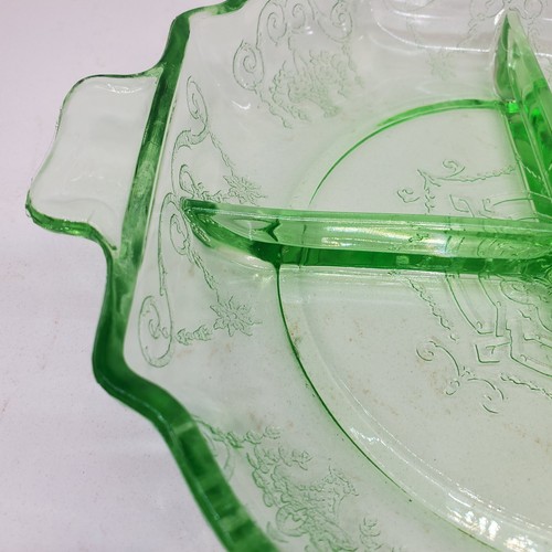 Uranium Green Glass LORAIN Divided Dish Depression Era Indiana Glass Embellished - Picture 5 of 24