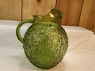Vintage Anchor Hocking Lido Milano Green Crinkle Glass Ball Pitcher with Ice Lip