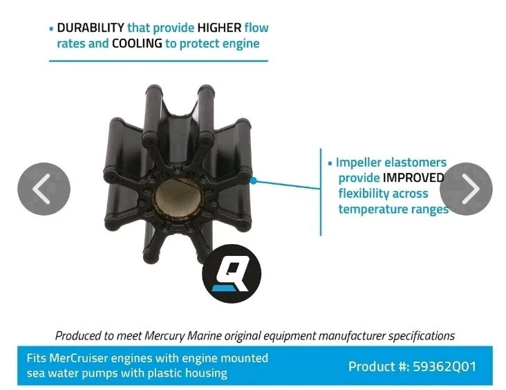 Impulsor de bomba de agua de mar Quicksilver 59362Q01 para motores Mercury MerCruiser Foto 2 de 4