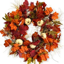 24 Inch Fall Wreaths for Front Door with Pumbkin and Maple