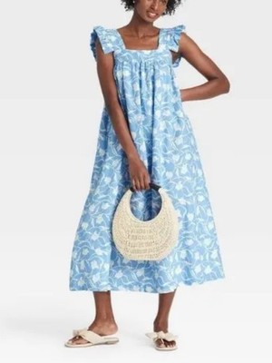 New Day Linen Blend Blue White Floral Ruffle Sleeveless A-line Dress Medium