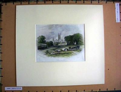 Alter antiker Druck handkoloriert um 1880 Ansicht Gloucester Stadt Kirche Bäume 19.