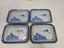 Vintage Japanese Sometsuke Small Rectangular Porcelain Plates Set Of 4
