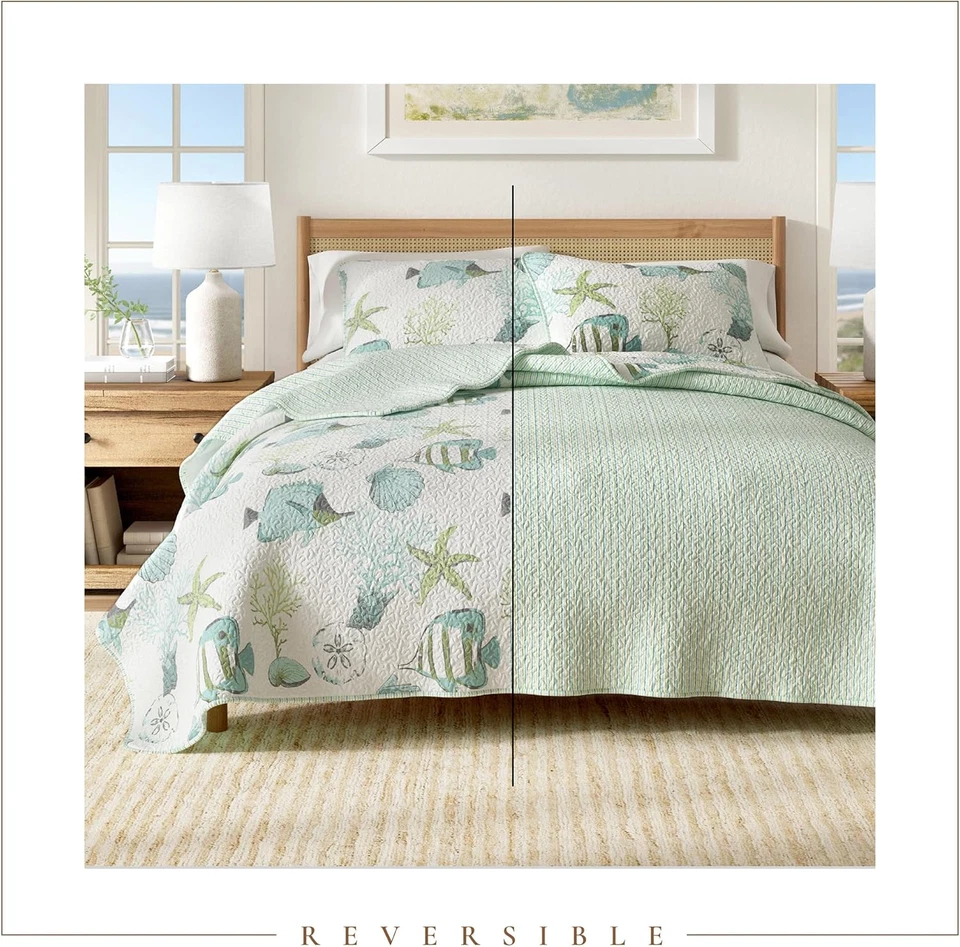 Juego de Cama Edredón Costero Completo/Queen Reversible Playa Náutico Pez Azul 3 Piezas Foto 4 de 4