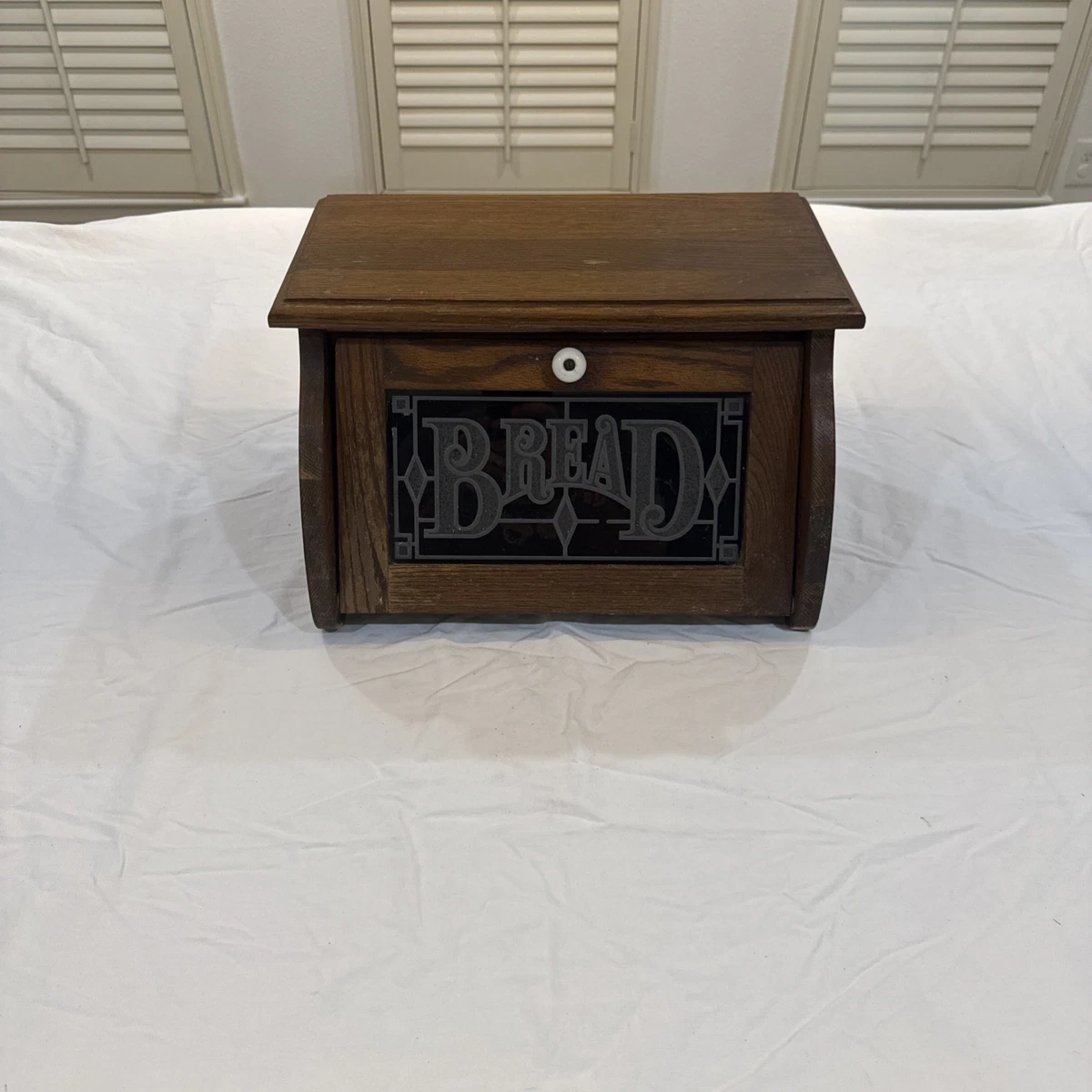 Cornwall Wood Bread Box Black Glass Drop Front 1970's Vtg Country