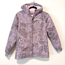 Columbia Girls L Winter Jacket Hooded Insulated Black Pink Geometric Coat EUC