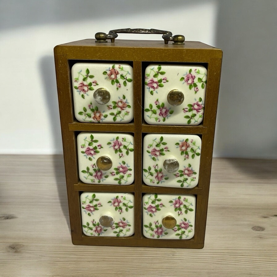 Vintage Enesco Wood Box with Glass Spice Jars and Porcelain Stoppers
