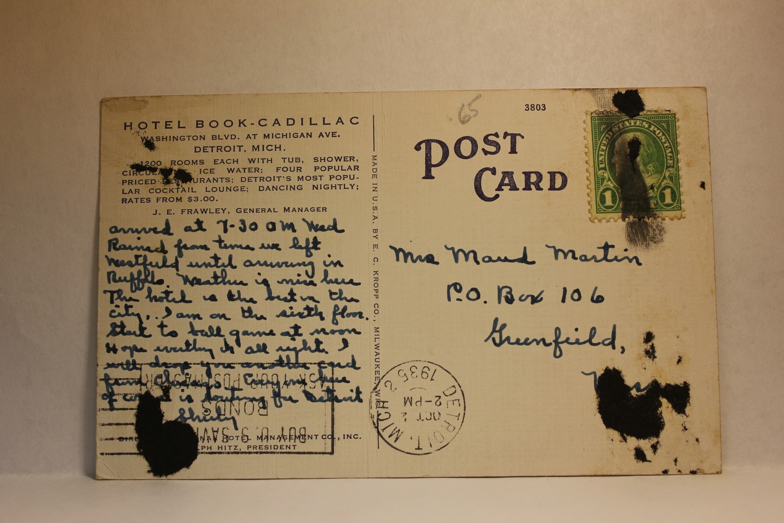 Postcard Book Cadillac Hotel Detroit MI E30