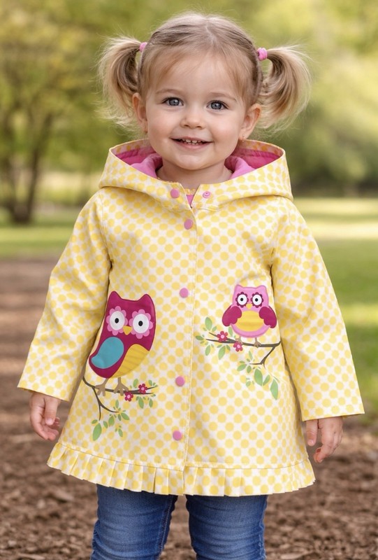 Wippette Kids Jacket Girls Yellow Hooded Rain Coat Polka Dot Owl Size~ 2T