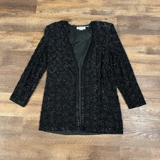 VTG Scala Black Sequin Beaded Jacket Size M Formal Wear 100% Silk NYE Party READ