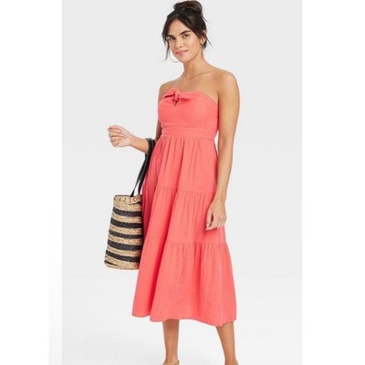 Universal Thread Coral Strapless Tiered A-Line Midi Coastal Beach Sun Dress M