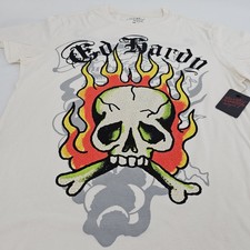 Ed Hardy Skull Tattoo Fire Graphic T-shirt Mens MEDIUM M Ivory Tee Top NEW