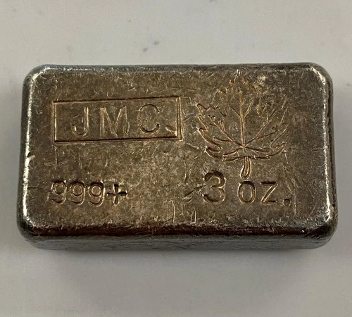 Rare Toned 3ozt Maple Leaf JMC VTG Poured 999+ Silver Bar Johnson Matthey Can 77