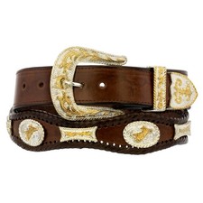Brown Concho Western Belt Genuine Leather Cowboy Dress Silver Buckle Cinto