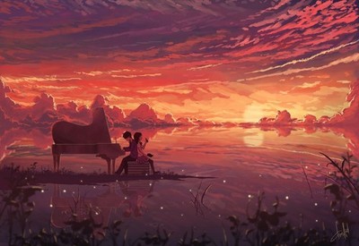 Anime sunset piano clouds boys girls skirt thighhighs Play Gaming Mat Desk Game