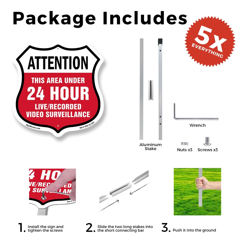 Letrero escudo vigilancia 24 horas atención esta área und escudo con estaca Foto 3 de 4